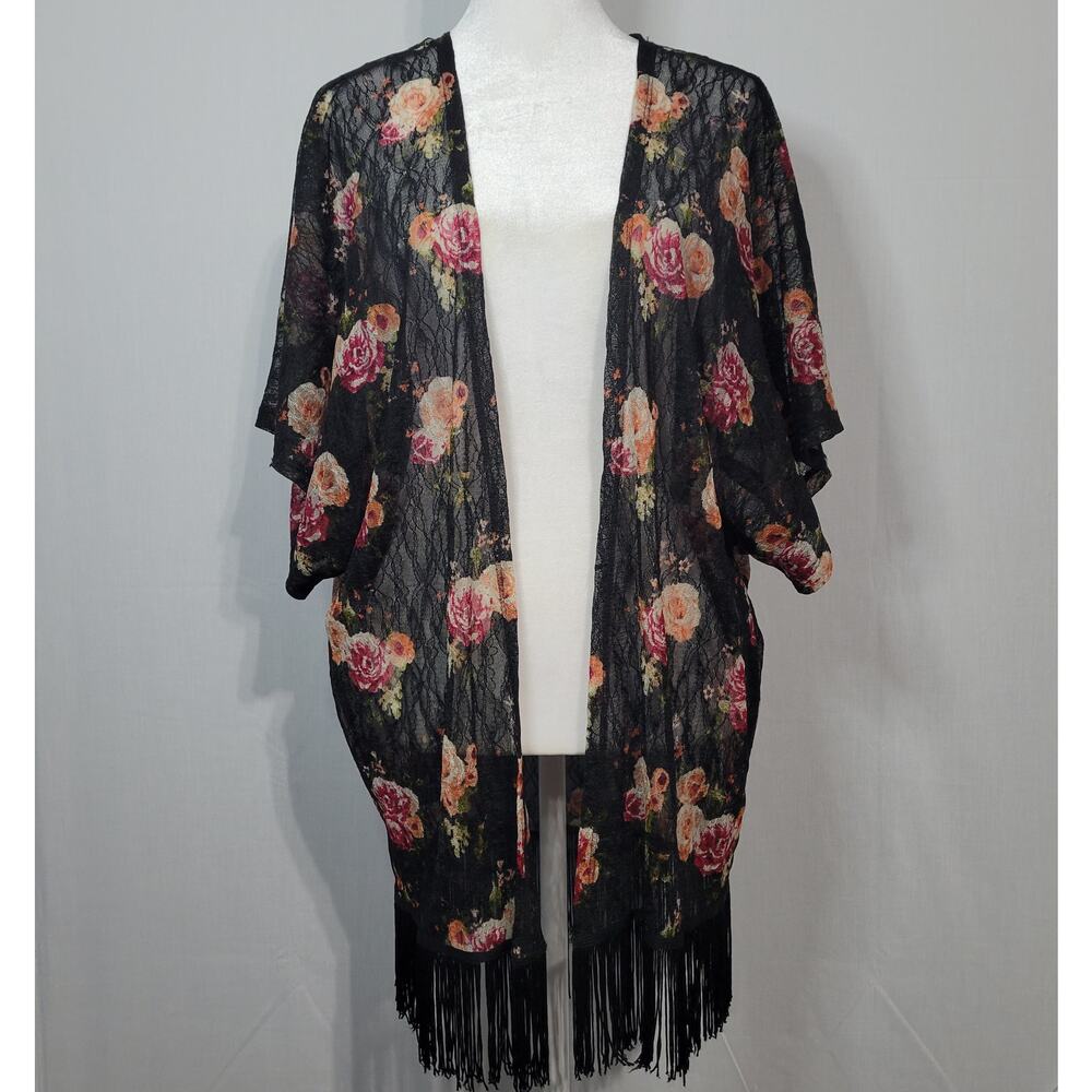 Wet Seal Sheer Floral Lace Fringe Open Front Kimono size M Black Festival Boho